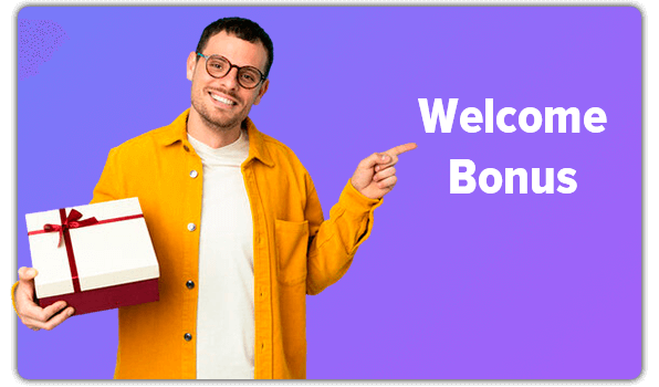 Happy man with a gift points a finger at welcome bonus