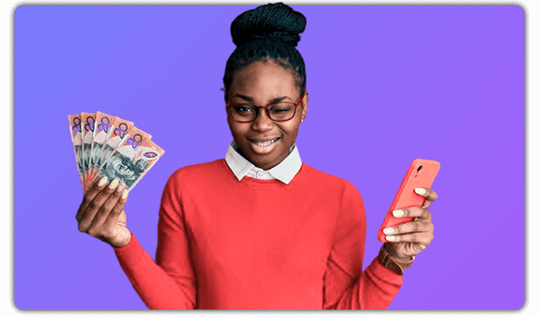 Happy women with a smartphone and money in hands