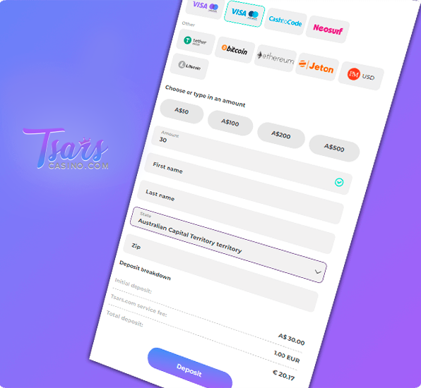 Tsars Casino Deposit Form from mobile version of the website