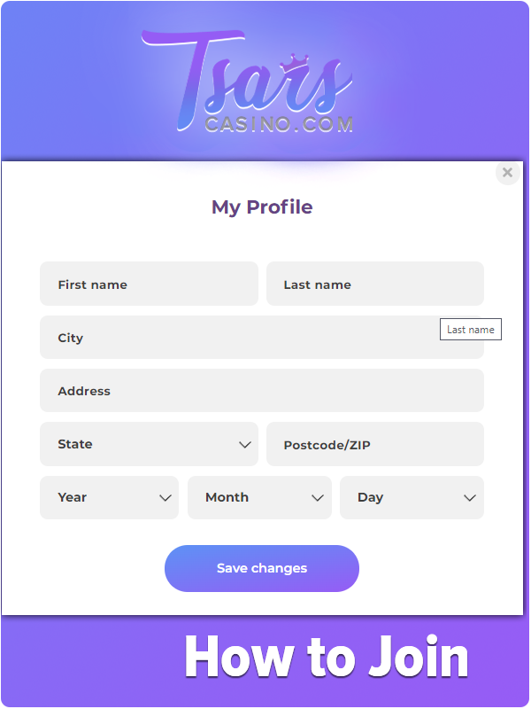 Personal info fileds at the Tsars Casino website